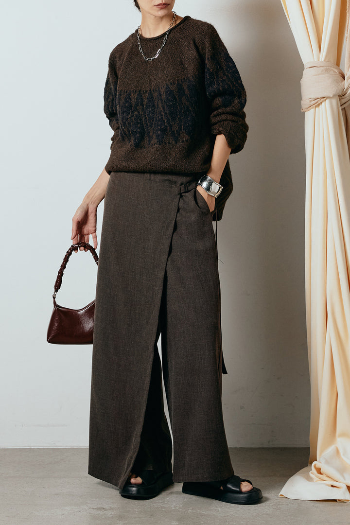 [SET]モノトーン柄ニットトップス+ラップ巻きワイドスラックス(2set)