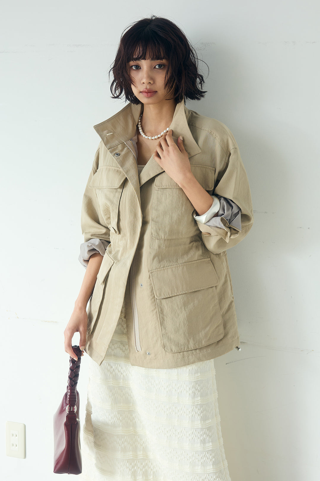 [SET]ナイロンツイルフィールドジャケット+ジャガードカットソータイトスカート(2set)