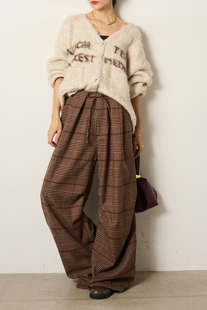 [SET]ウール混透かしロゴニットカーディガン+グレンチェックルーズタックパンツ(2set)