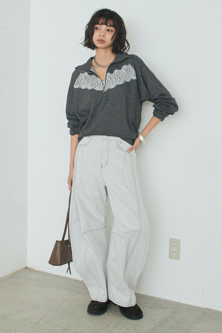 [SET]リバーレースハーフジップ裏毛スウェット+ツイル配色ステッチバレルパンツ(2set)