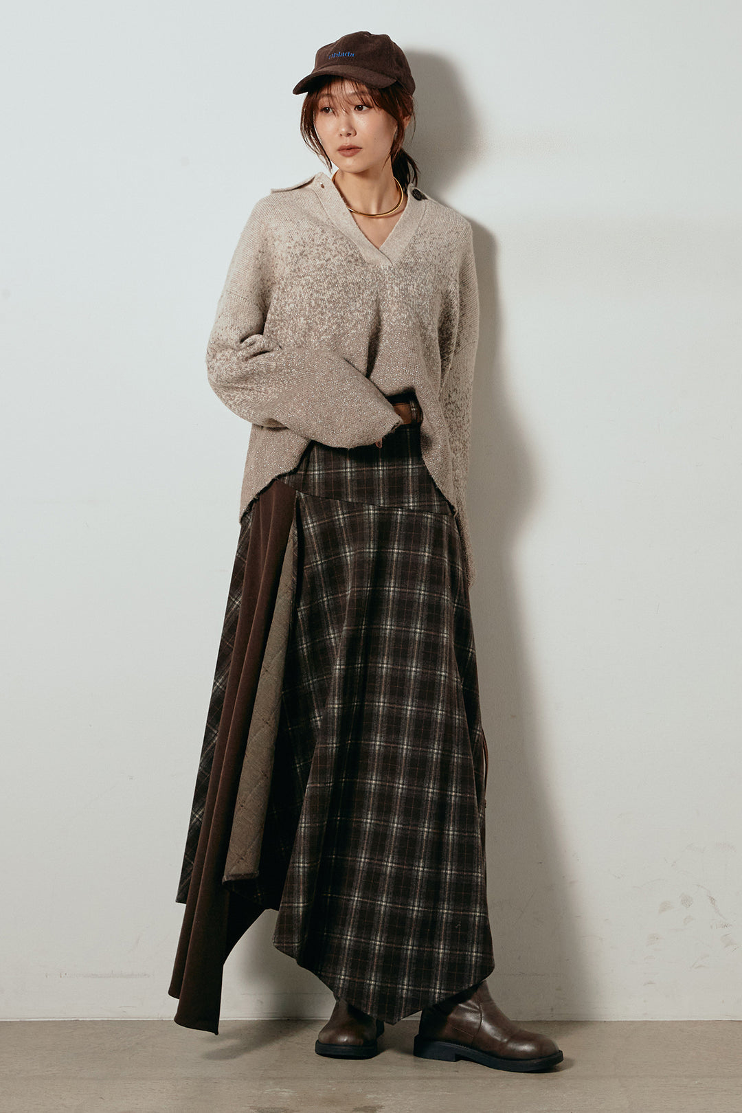 [SET]グラデーションラメニットキーネックプルオーバー+フェイクレザーベルト付き切り替えタータンチェックスカート(2set)
