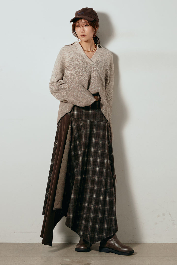 [SET]グラデーションラメニットキーネックプルオーバー+フェイクレザーベルト付き切り替えタータンチェックスカート(2set)
