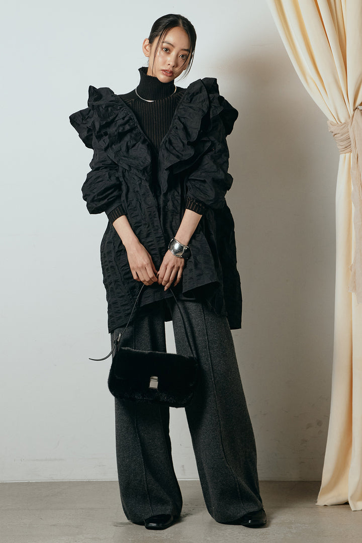 [SET]Vネックフリルカラーブラウス+センターラインニットパンツ(2set)