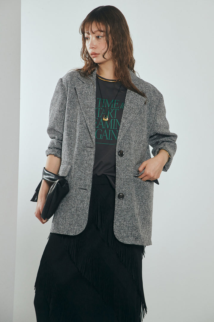 [SET]ミックスツイードベルト付きジャケット+斜めフリンジデザインスカート(2set)