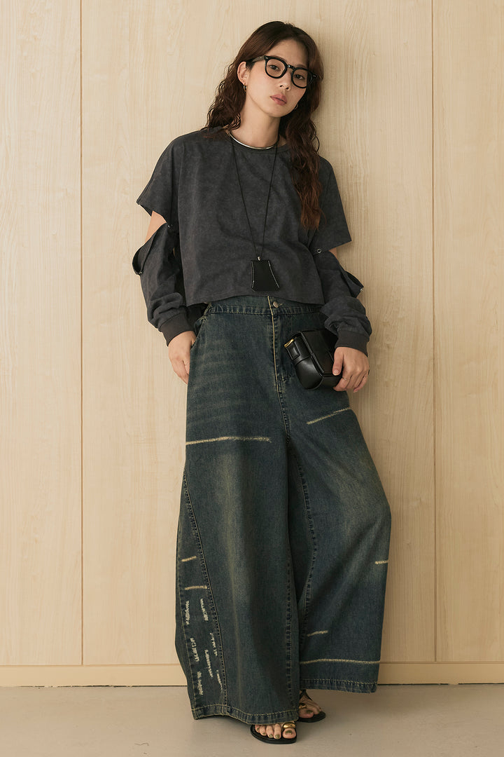 [SET]セパレートフェードTシャツ+ランダムダメージデニムワイドパンツ(2set)