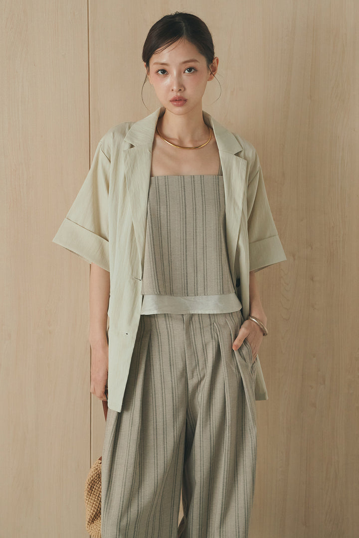[SET]リネンライクテーラードハーフスリーブジャケット+リネンストライプタックワイドパンツ+リネンストライプレイヤードキャミ(3set)
