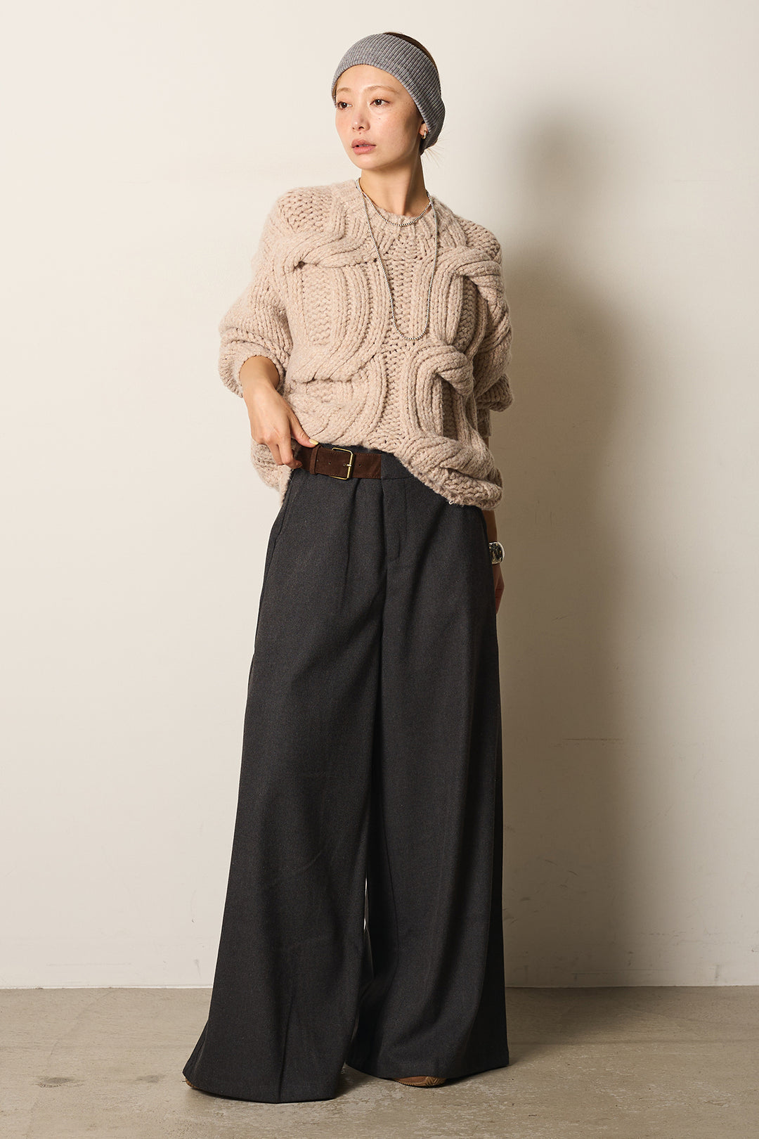 [SET]立体編みケーブルニットトップス+フェイクレザーサイドベルトワイドパンツ(2set)