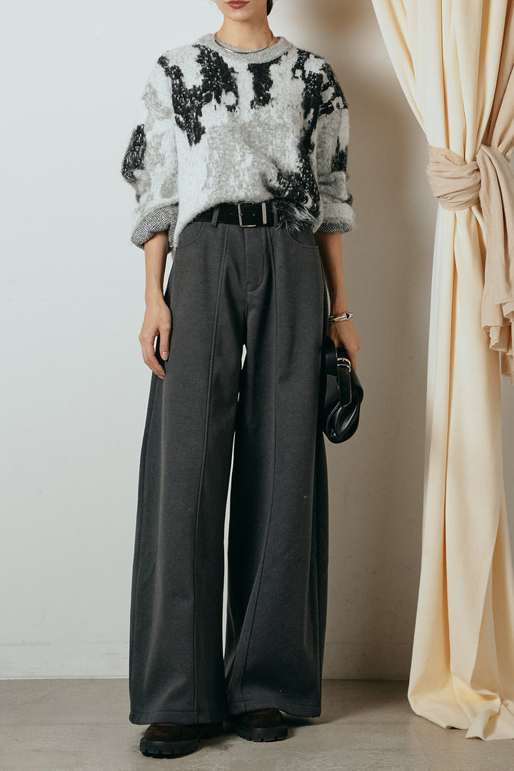 [SET]起毛ニュアンス柄ニットプルオーバー+ファーベルト付きワイドパンツ(2set)