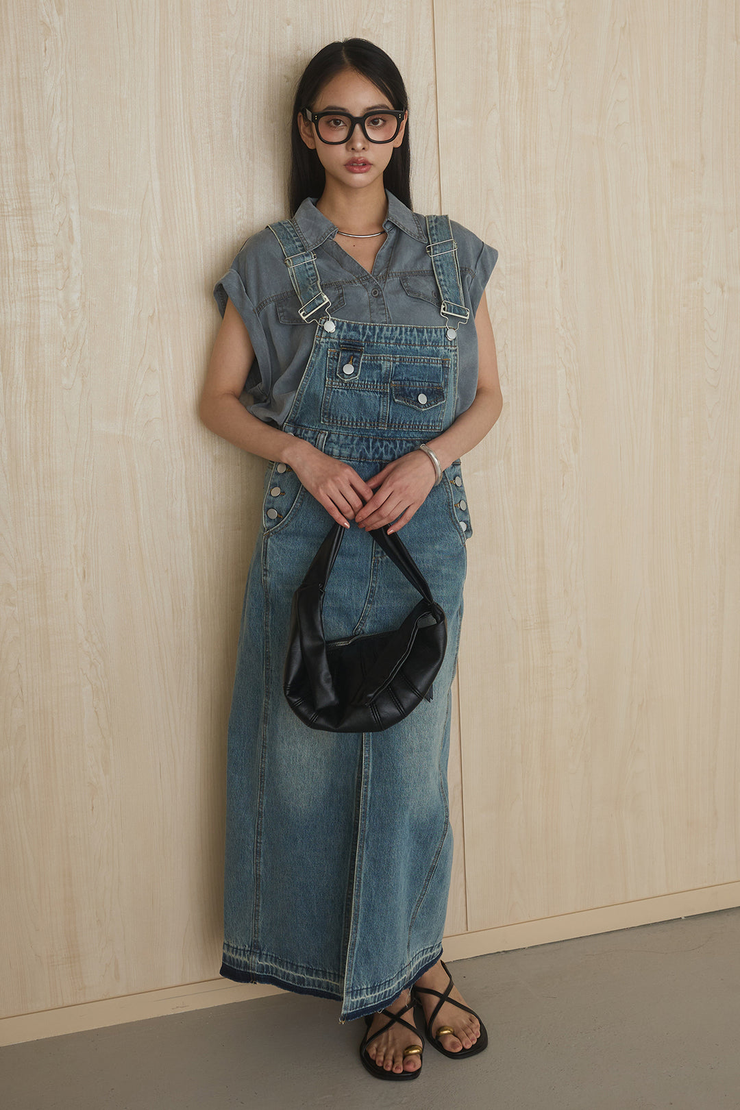 [SET]リヨセルデニムノースリシャツ+センタースリットデニムジャンスカ(2set)