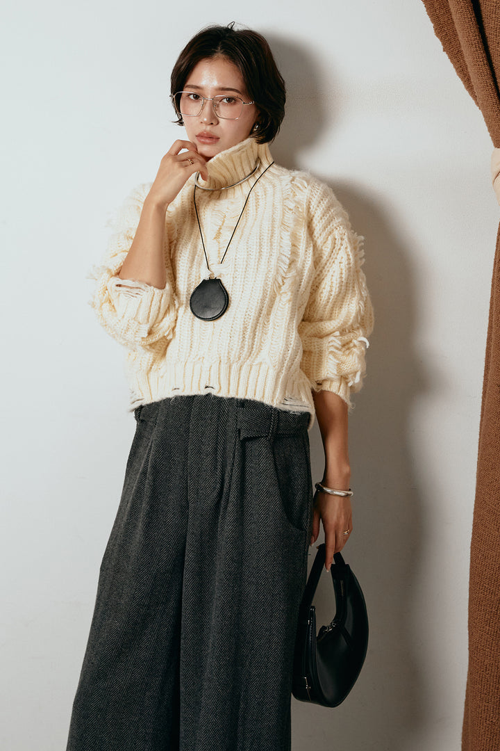 [SET]フリンジタートルショートニット+クラシックヘリンボーンサロペット(2set)