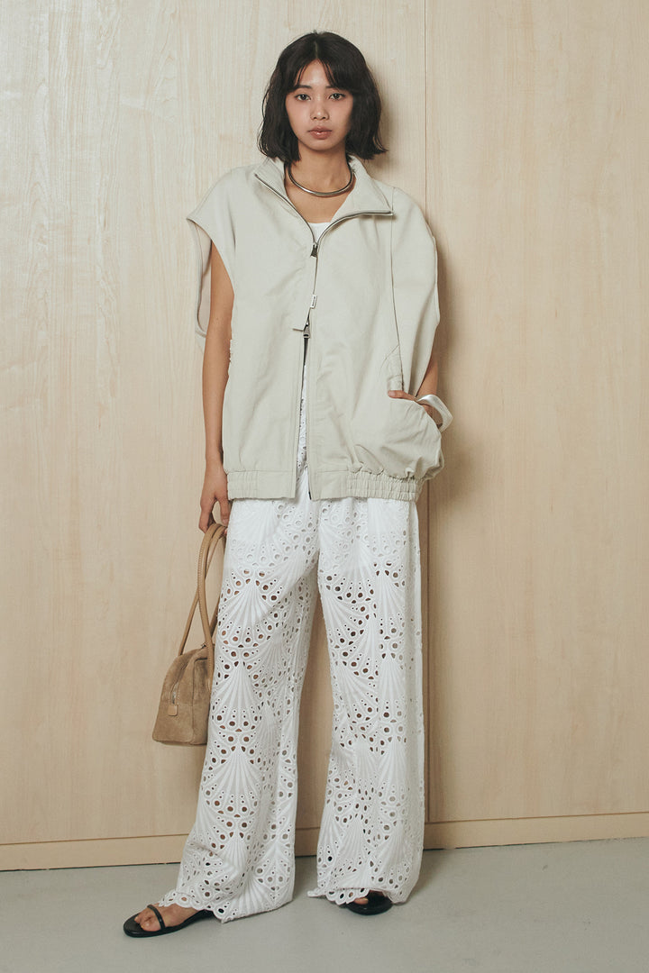 [SET]ショルダー切替スタンドネックジップベスト+レース刺繍リラックスパンツ(2set)