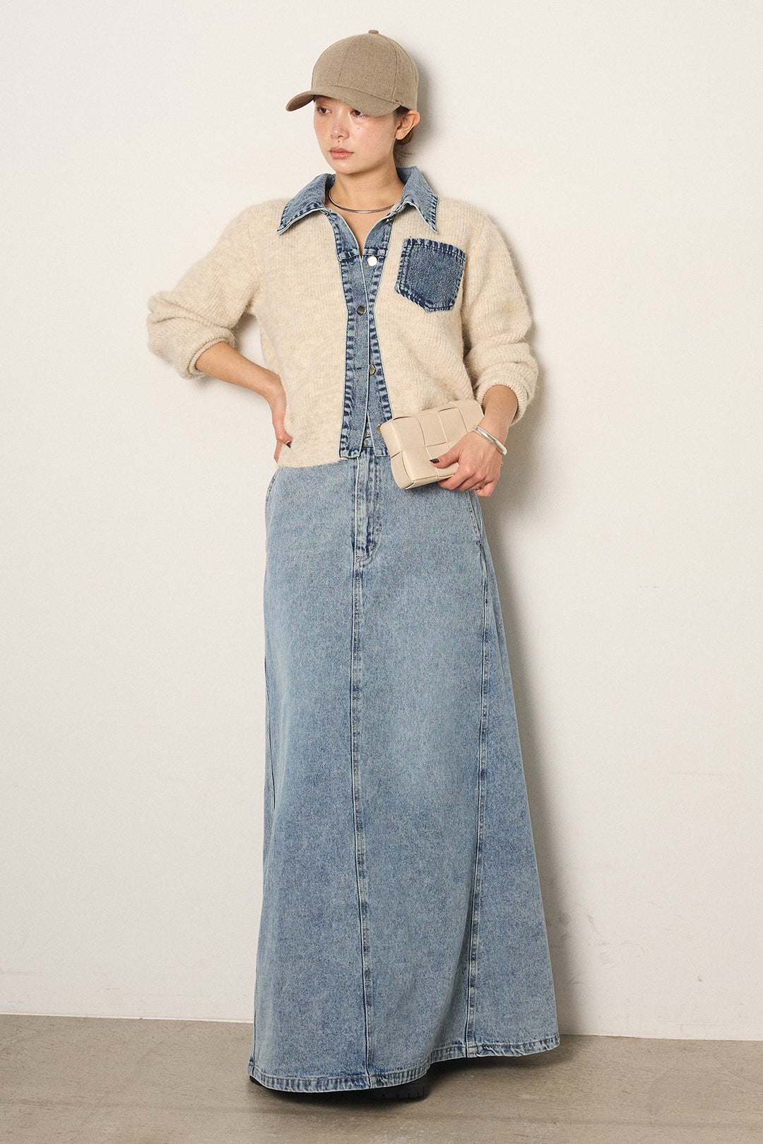 [SET]襟付きデニム切替ニットカーディガン+デニムロングフレアスカート(2set)