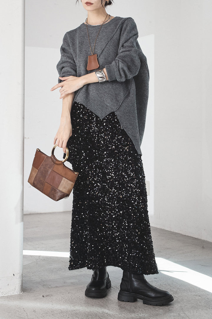[SET]アシンメトリーデザインニットトップス+スパンコールニットワイドスカート(2set)