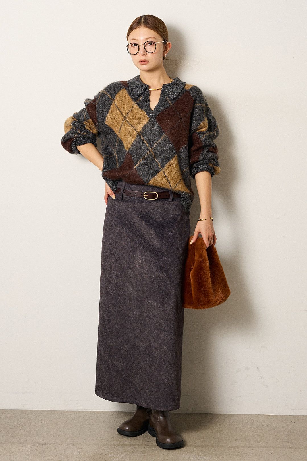[SET]アクリルモヘアアーガイルキーネックプルオーバー+ロープベルト付きスウェード調スカート(2set)