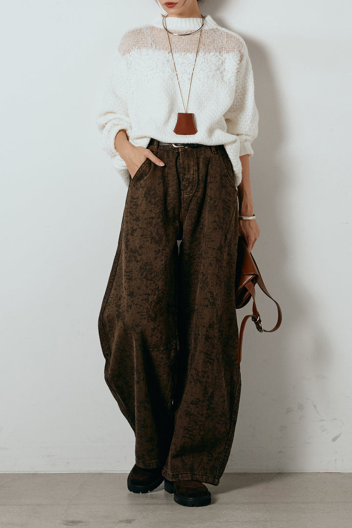 [SET]パターンランダム編みニットトップス+ベルト付きニュアンス柄カーブワイドパンツ(2set)