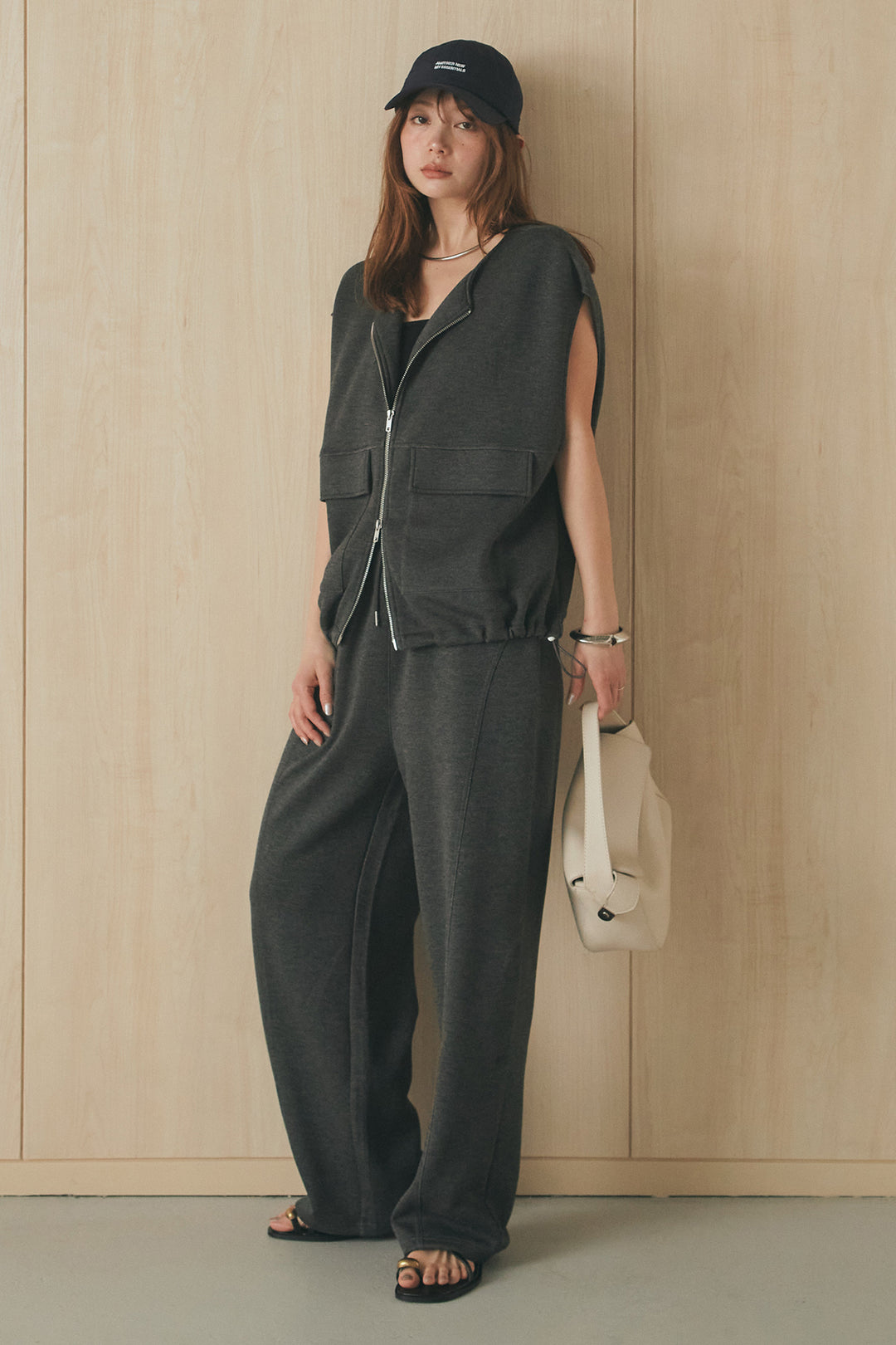 [SET]ボンディング生地ジップベスト+ボンディング生地コクーンパンツ(2set)