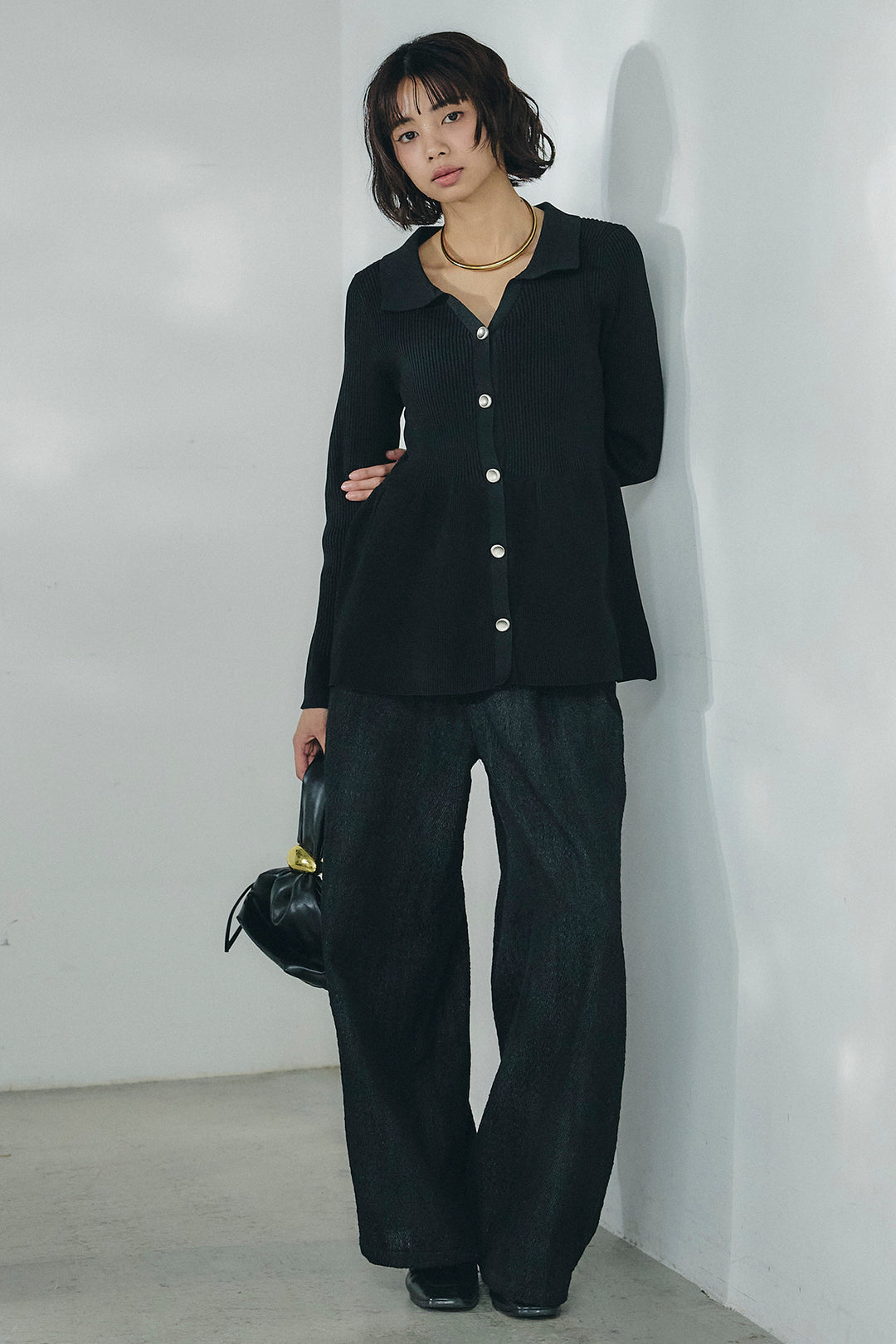 [SET]スキッパーペプラムニット+デニムライクヘリンボーンタックパンツ(2set)