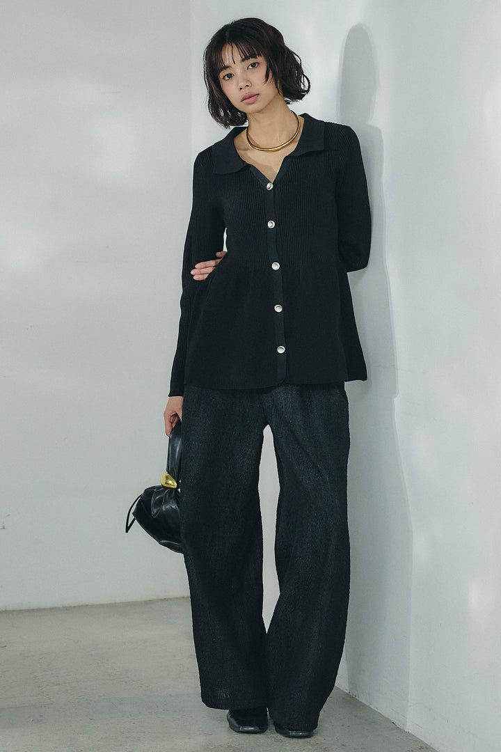 [SET]スキッパーペプラムニット+デニムライクヘリンボーンタックパンツ(2set)