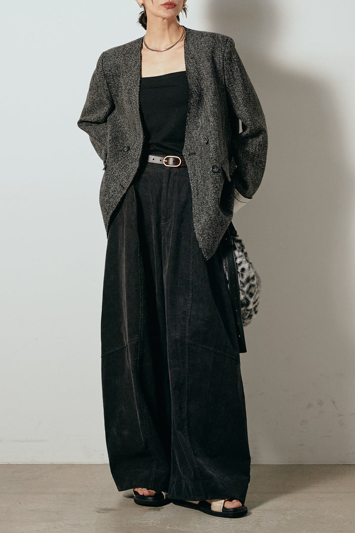 [SET]ノーカラーダブルボタンツイードジャケット+タック入りコーデュロイワイドパンツ(2set)