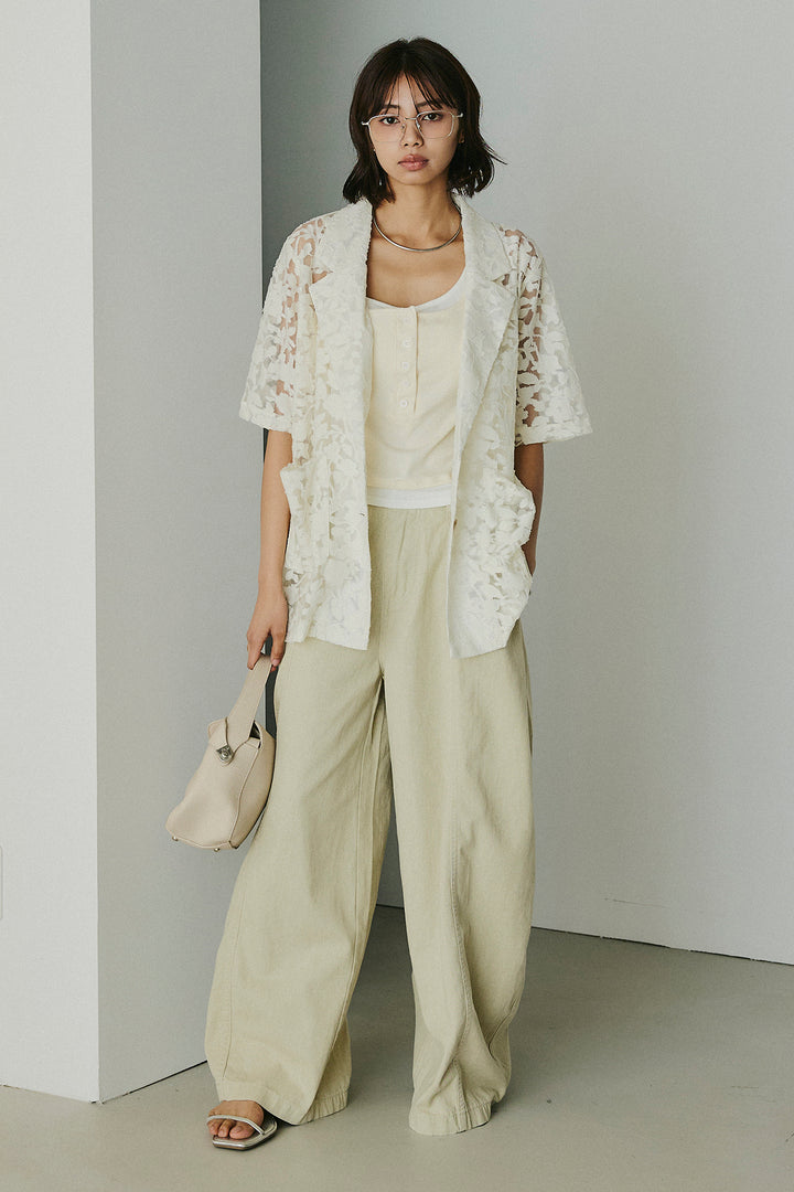 [SET]シアージャガードハーフスリーブテーラードジャケット+サイドベルトカーブワイドパンツ(2set)