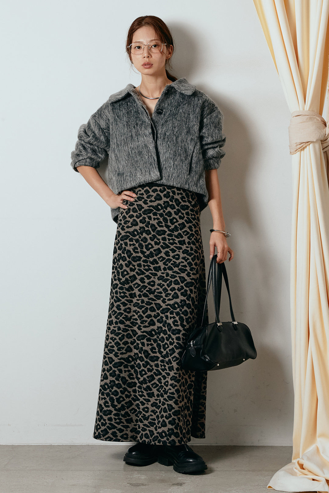 [SET]シャギーショートジャケット+レオパードロングスカート(2set)