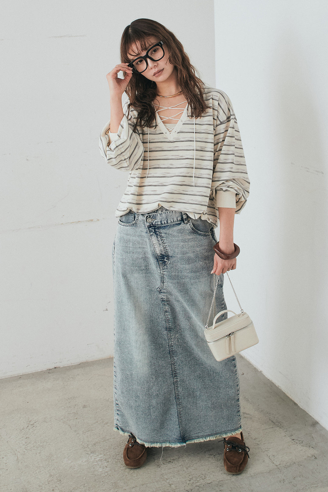 [SET]レースアップワッフルボーダートップス+ウエストクロスデニムタイトスカート(2set)