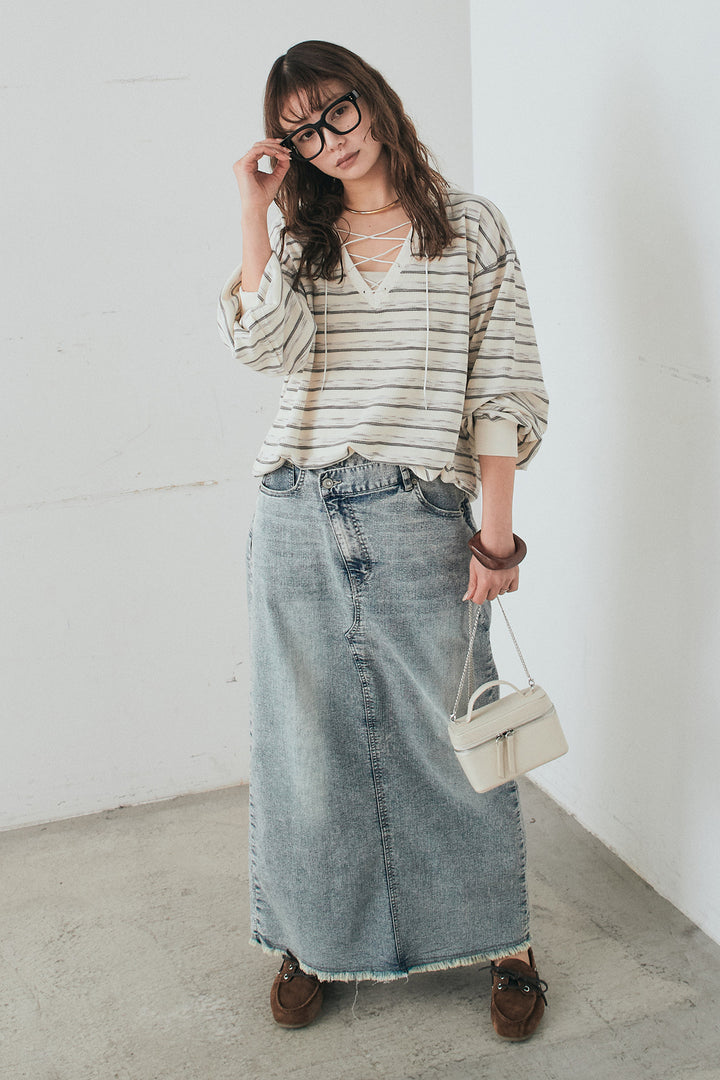 [SET]レースアップワッフルボーダートップス+ウエストクロスデニムタイトスカート(2set)