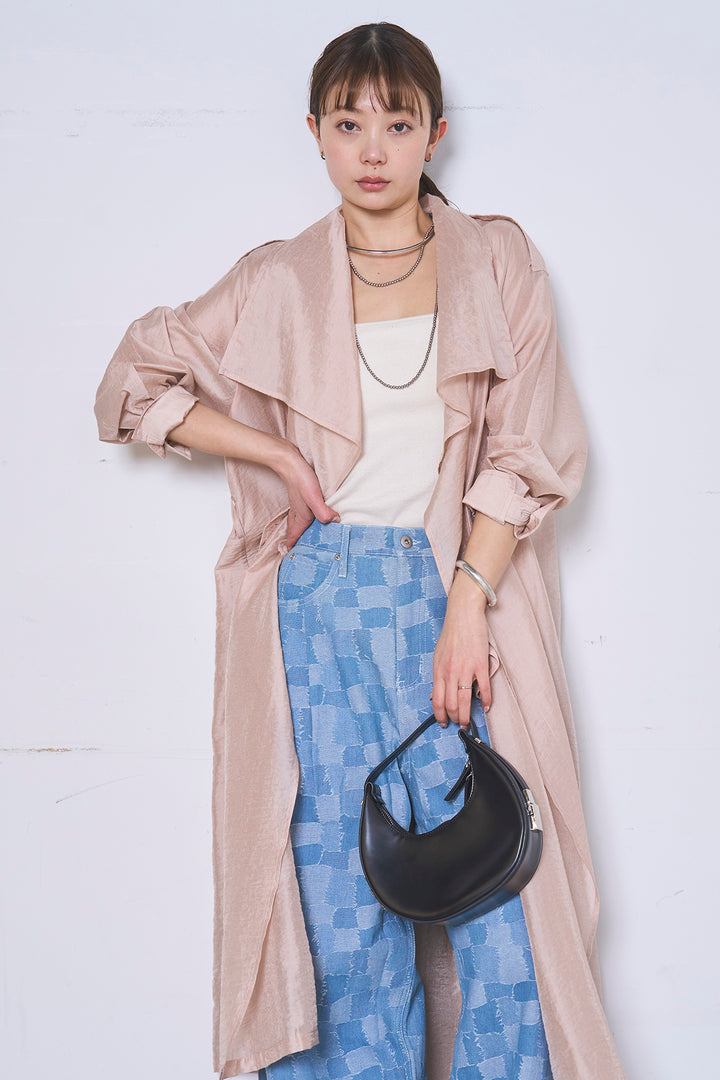 [SET]ロングシアーアウター+パッチワーク風デニムワイドパンツ(2set)