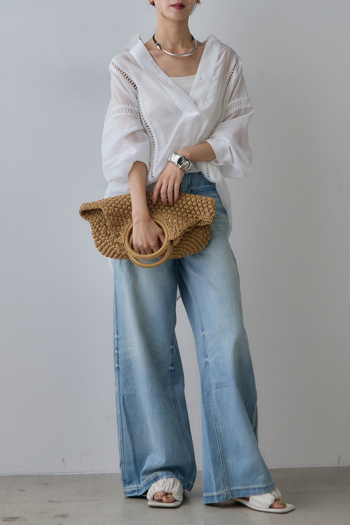 [SET]襟付き深Vネック刺繍シアーシャツ+ストレートデニムパンツ(2set)