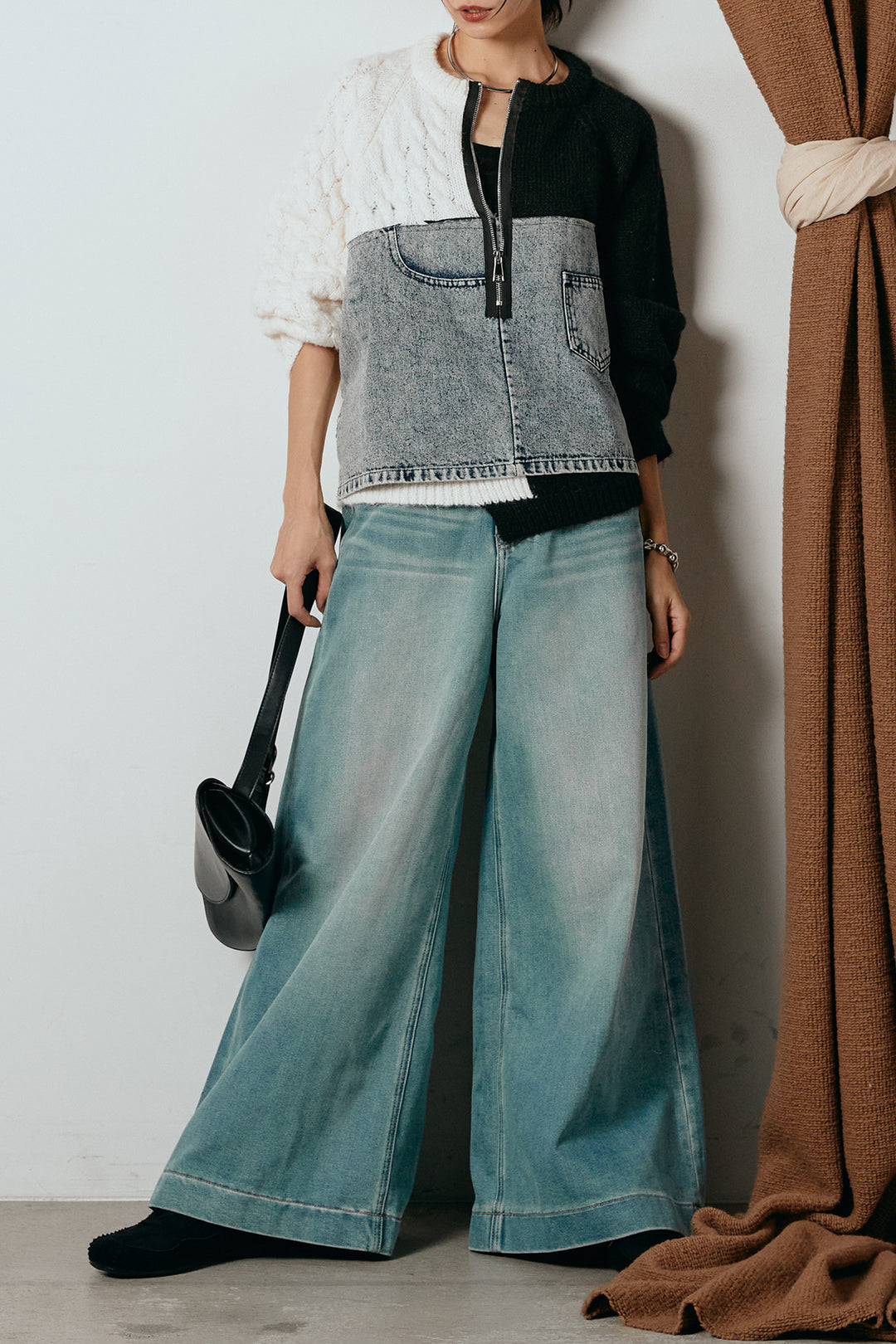 [SET]ハーフジップニットデニムドッキングトップス+ウエストダブルボタンワイドデニムパンツ(2set)