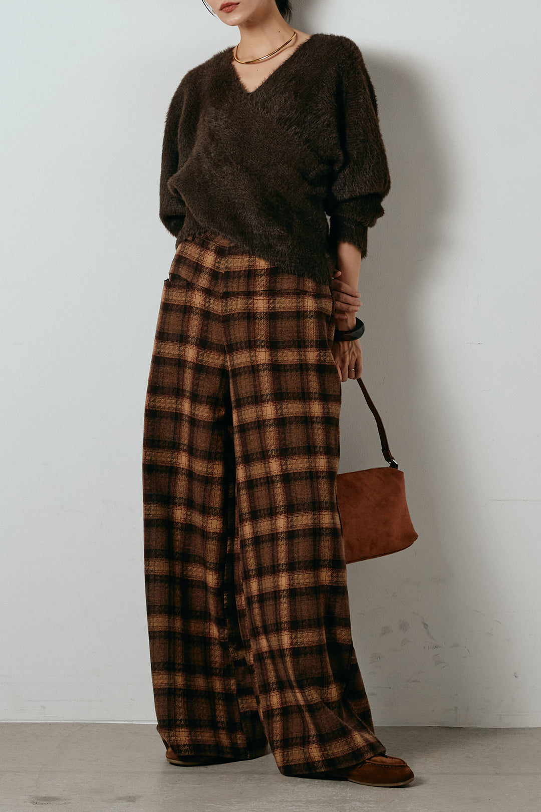 [SET]シャギーカシュクールニットトップス+ルーズタータンチェックワイドパンツ(2set)