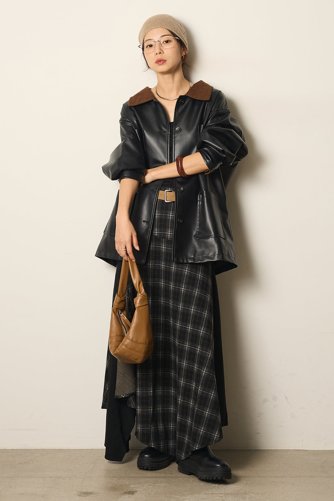 [SET]襟コーデュロイフェイクレザーカバーオール+フェイクレザーベルト付き切り替えタータンチェックスカート(2set)