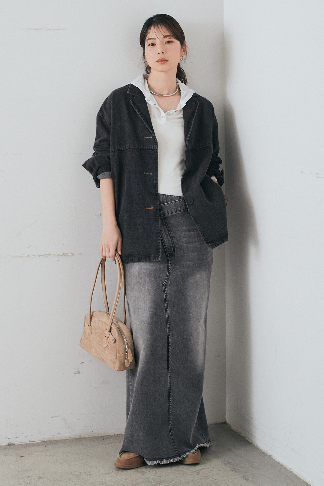 [SET]オーバーデニムジャケット+ウエストクロスデニムタイトスカート+シアーリブフーディプルオーバー(3set)