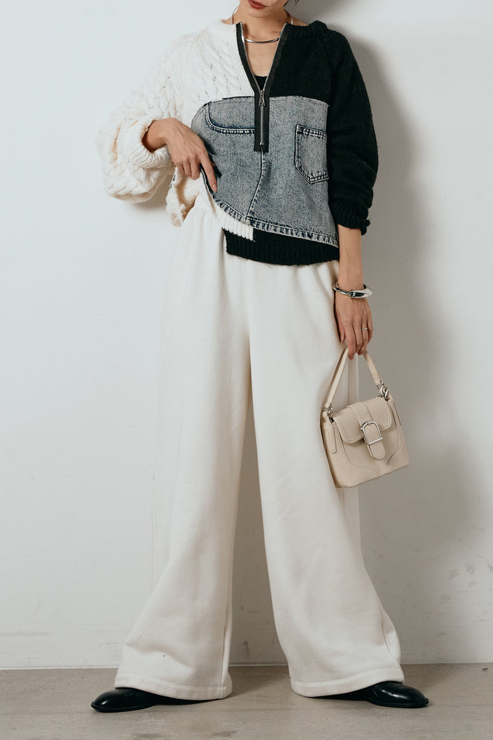 [SET]ハーフジップニットデニムドッキングトップス+裏起毛スウェットワイドパンツ(2set)