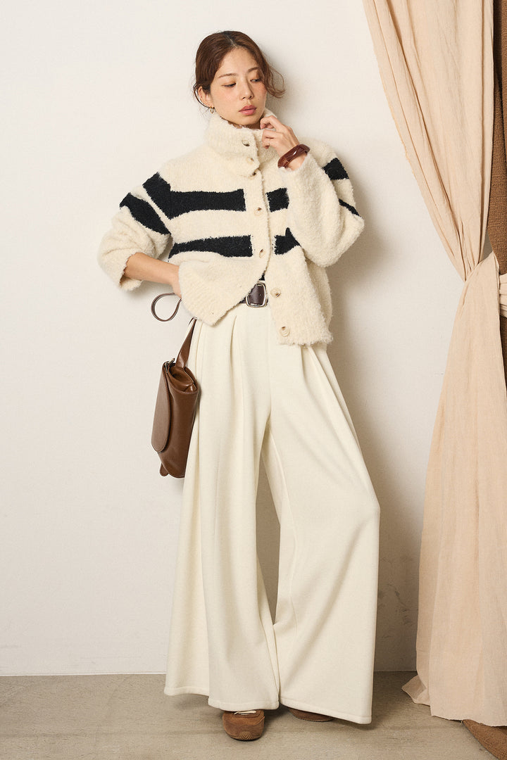 [SET]ハイネックボーダーニットカーディガン+フェイクレザー太ベルト付きタックワイドパンツ(2set)
