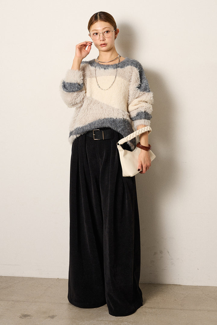 [SET]シャギーウェーブ柄クルーネックニットトップス+ベルトループコーデュロイワイドパンツ(2set)