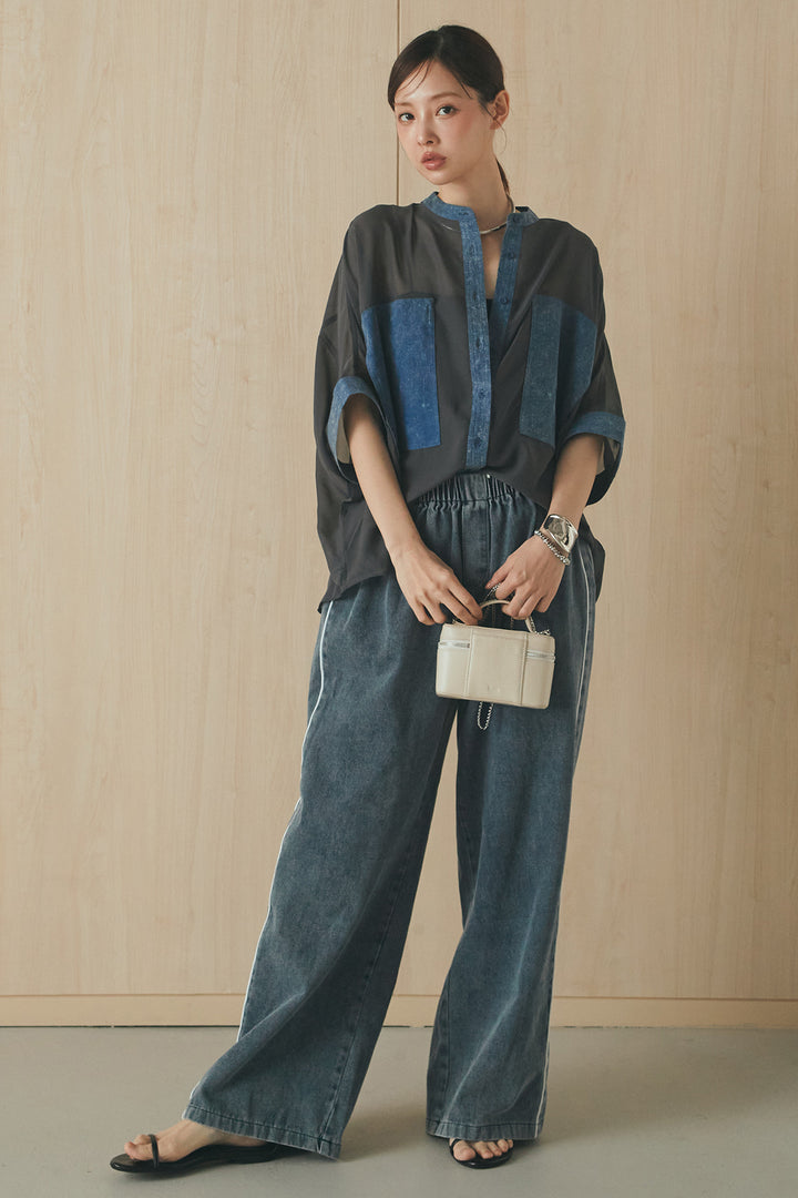 [SET]デニムライクビッグツーポケシアーシャツ+ドロストサイドラインデニムパンツ(2set)