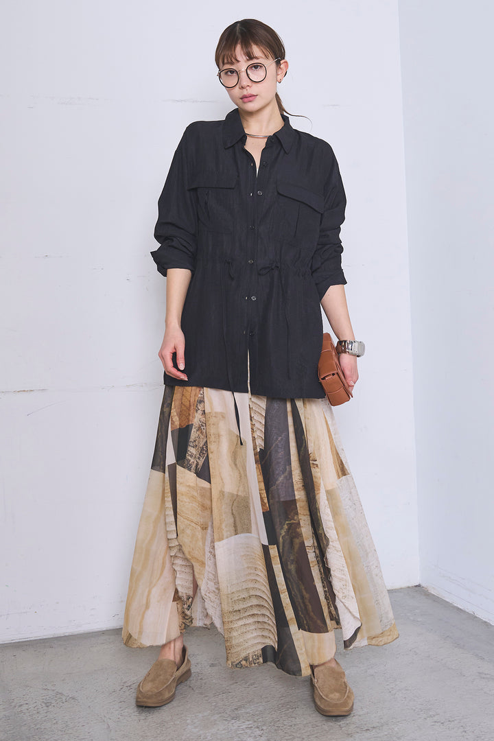 [SET]リネンブレンドシアーサファリシャツ+アートペイント柄スカート(2set)
