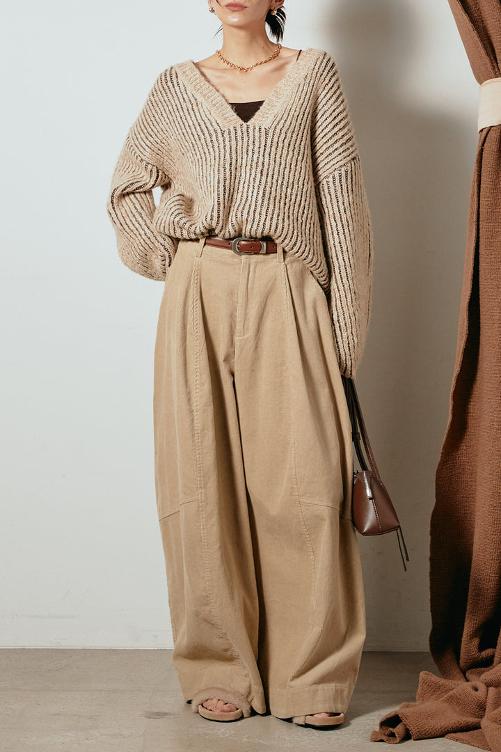 [SET]アルパカタッチ深Vニットトップス+タック入りコーデュロイワイドパンツ(2set)