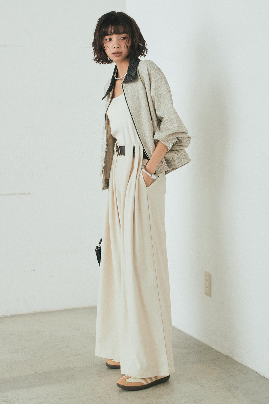 [SET]ツイード配色パイピングブルゾン+ベルト付きタックデザインハイウエストロングパンツ(2set)