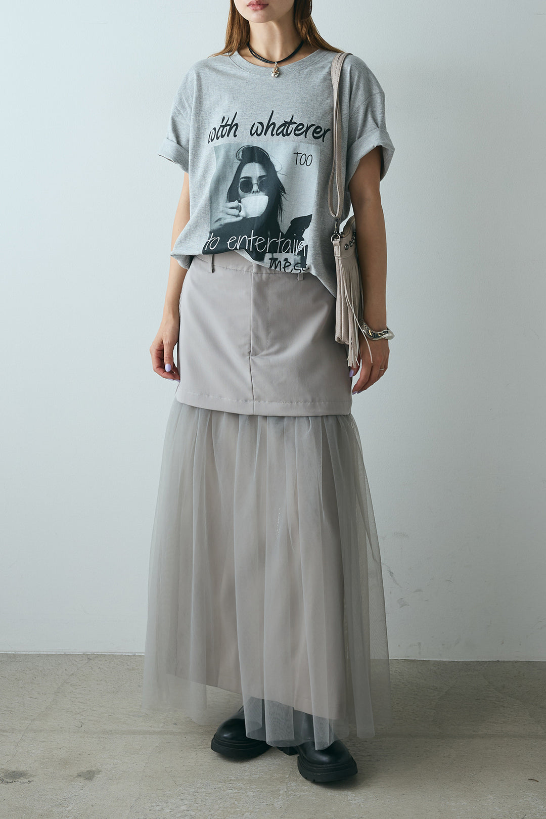 [SET]モノトーンフォトプリントTシャツ+切り替えデザインボリュームチュールスカート(2set)