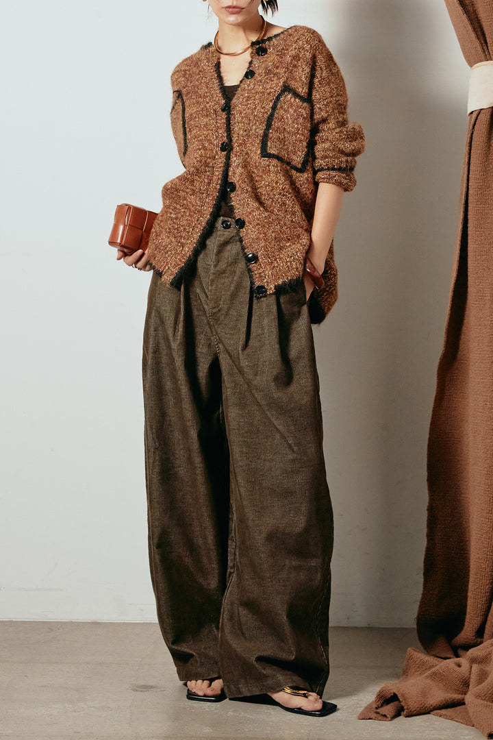 [SET]ミックスニットポケットカーディガン+フロントタック入りコーデュロイパンツ(2set)