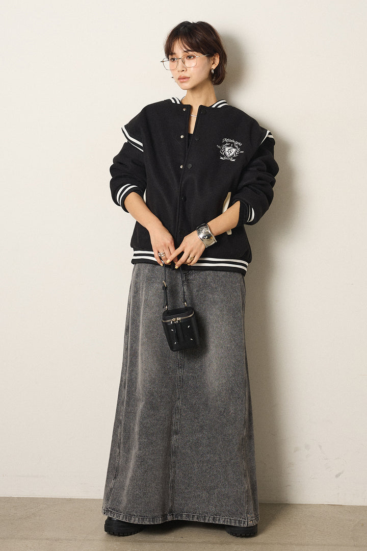 [SET]ワンポイントデザインブルゾン+デニムロングフレアスカート(2set)