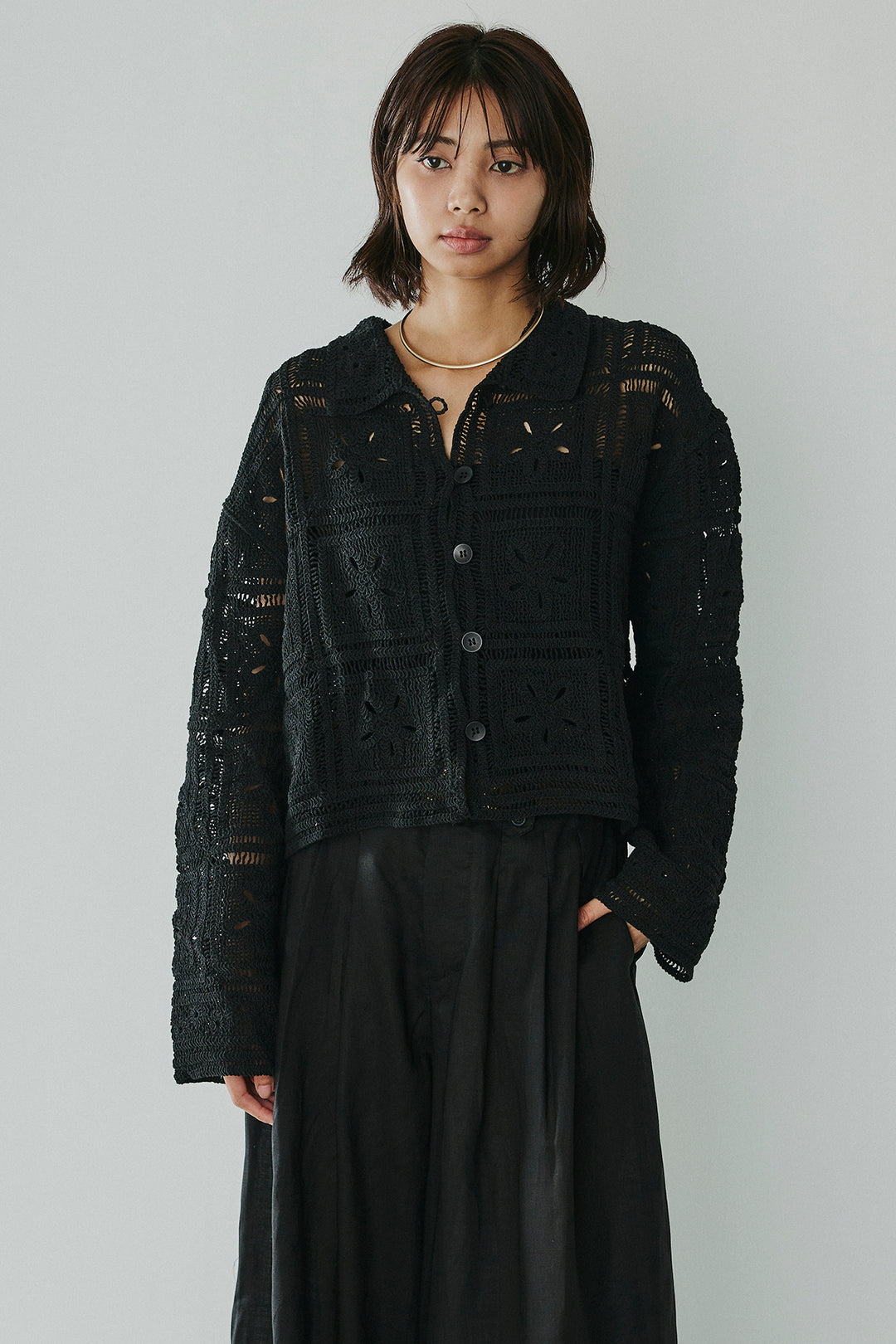 [SET]鍵編みフラワーレースカーディガン+オーガンジータックパンツ(2set)