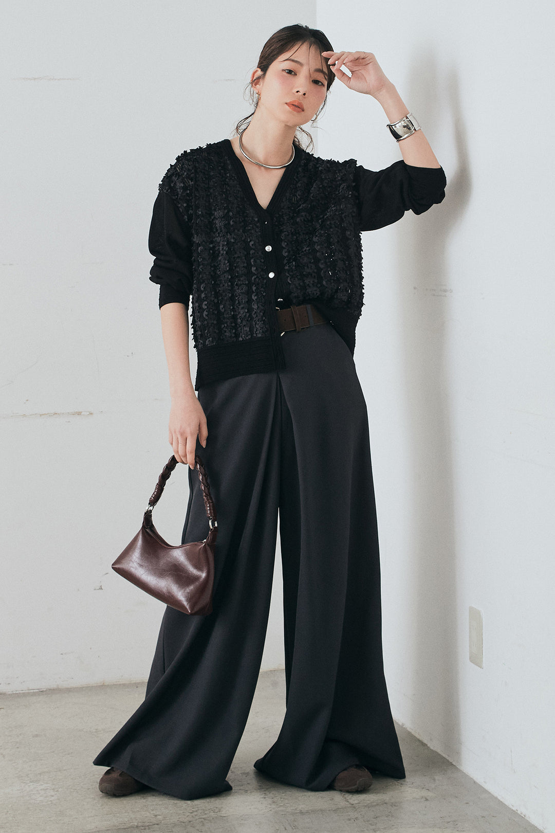 [SET]モコレースVネックカーディガン+太ベルト付きフロントタックパンツ(2set)