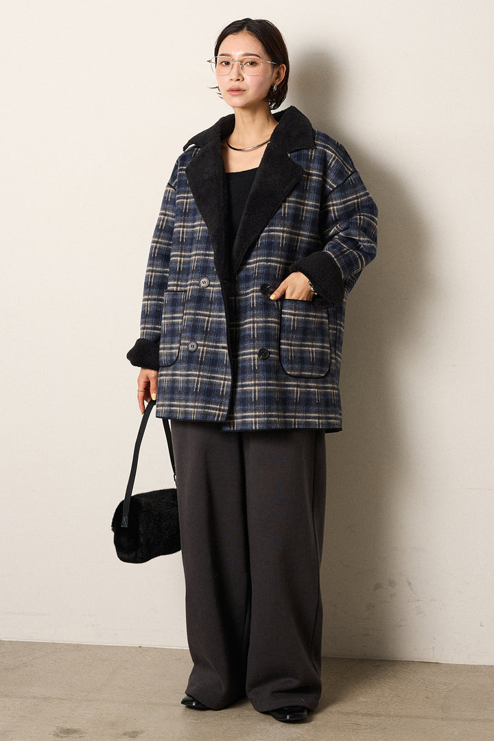 [SET]裏地ボアタータンチェック柄ミディアムコート+裏起毛スウェットワイドパンツ(2set)