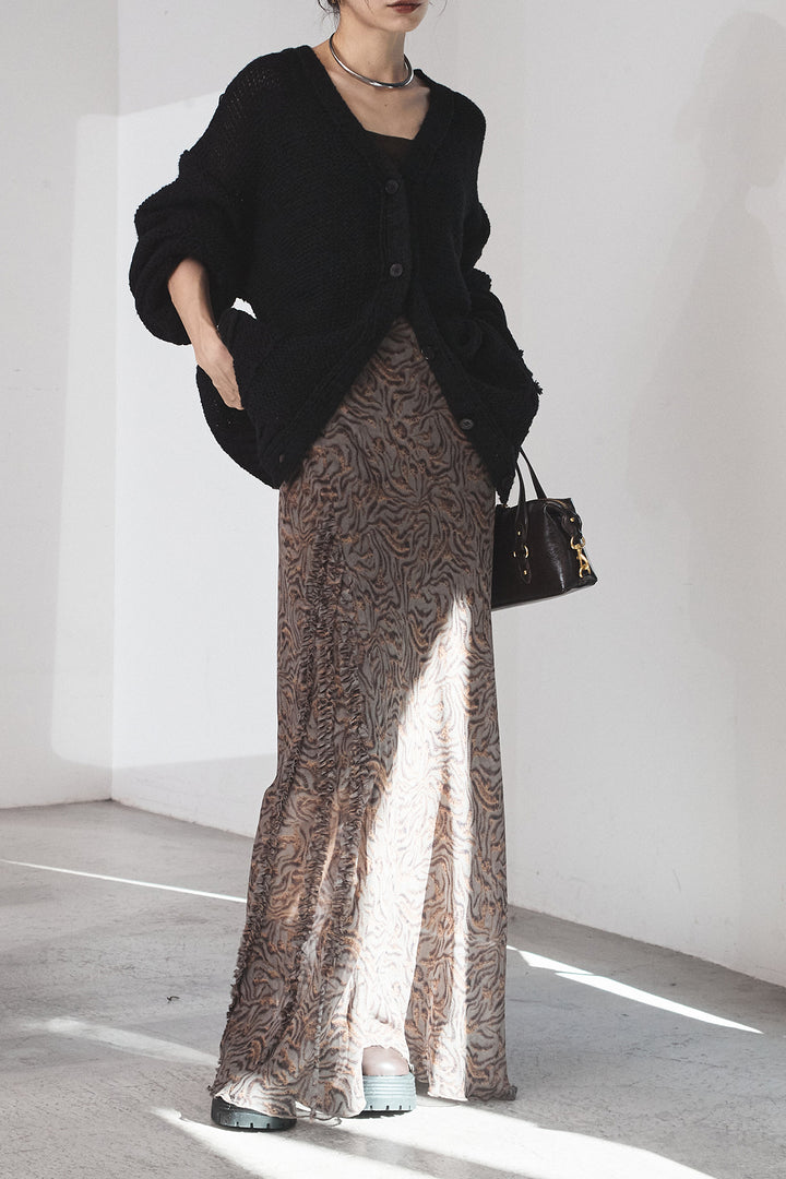 [SET]コード刺繍リラックスニットカーディガン+抽象柄ロングスカート(2set)