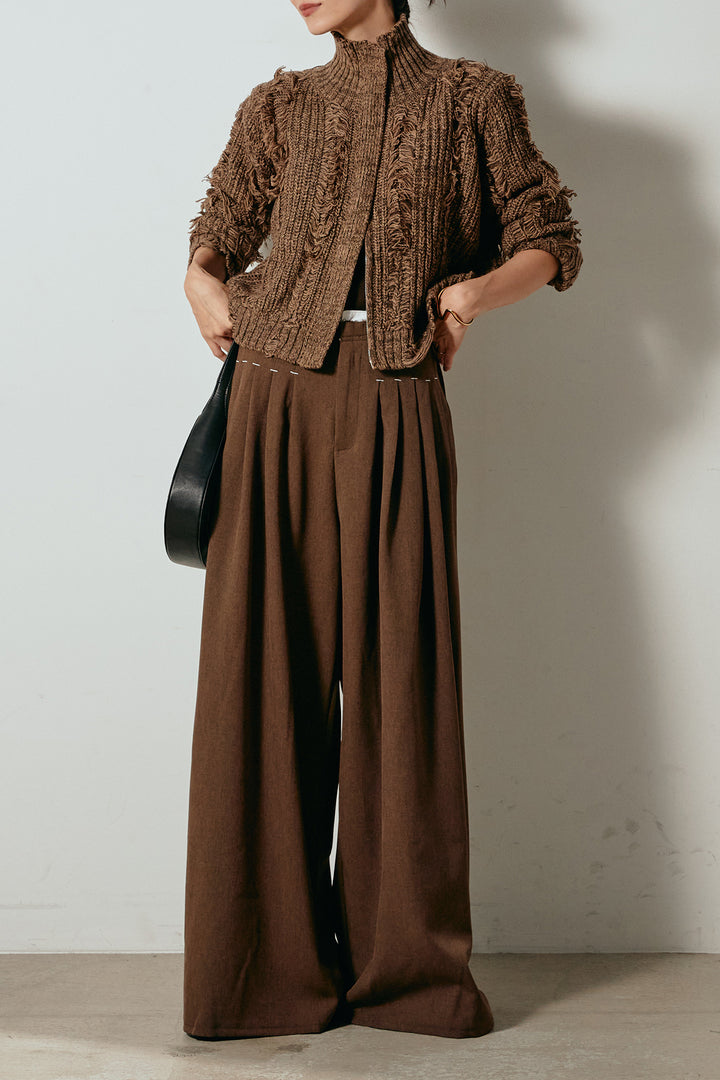 [SET]ハイネックフリンジジップニットトップス+ウエストステッチデザインワイドスラックス(2set)