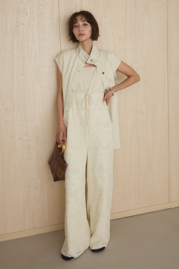 [SET]ケミカルデニムヘムカットオフジレ+レースサロペット(2set)