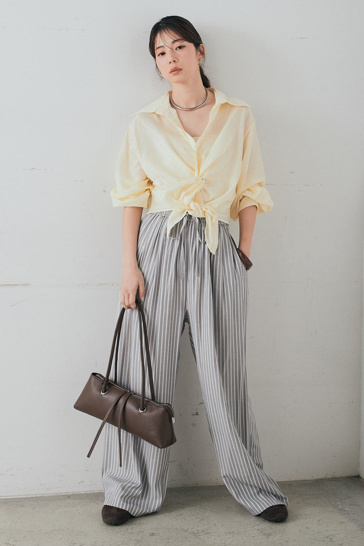 [SET]裾巻きツイストデザインシャツ+レーヨンストライプイージーワイドパンツ(2set)
